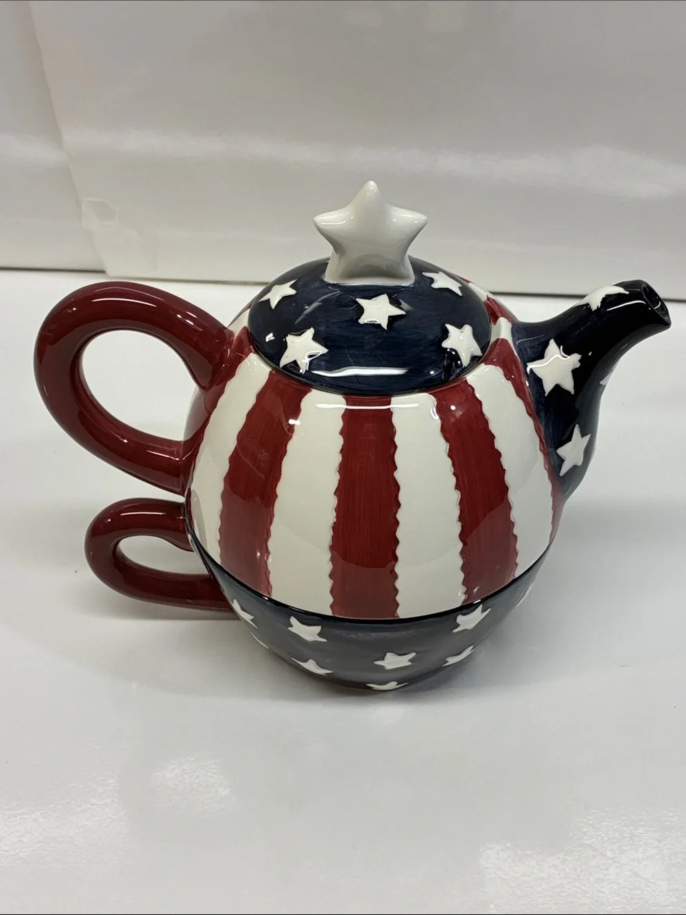 Patriotic Star Ceramic Teapot and Cup Set - Red, White & Blue